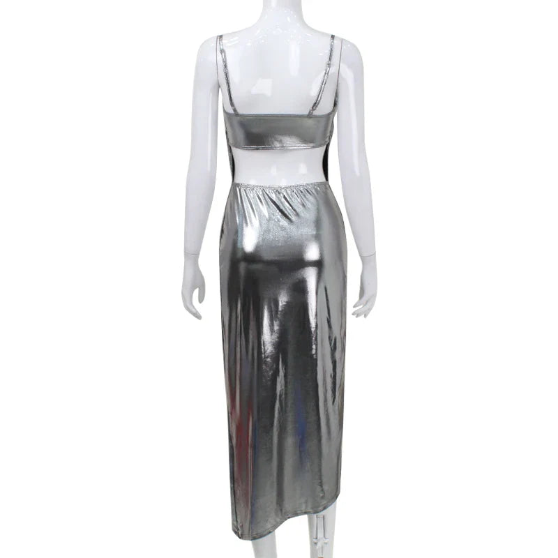 Silver Spaghetti Strap Backless Clubwear Dress High Split