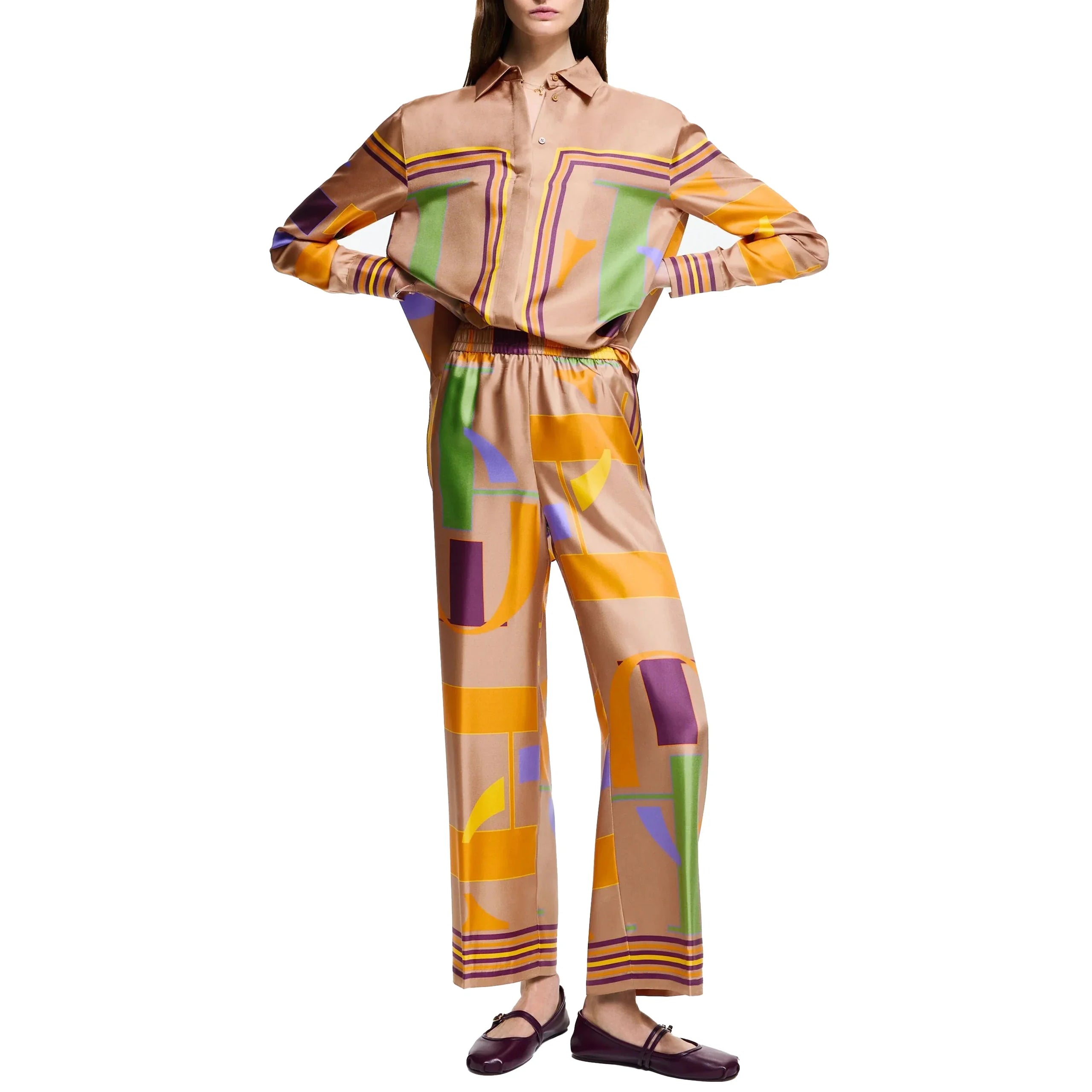 Loose Geometry Print Satin Two-Piece Set for Women with Wide Leg Trousers and Casual Tops