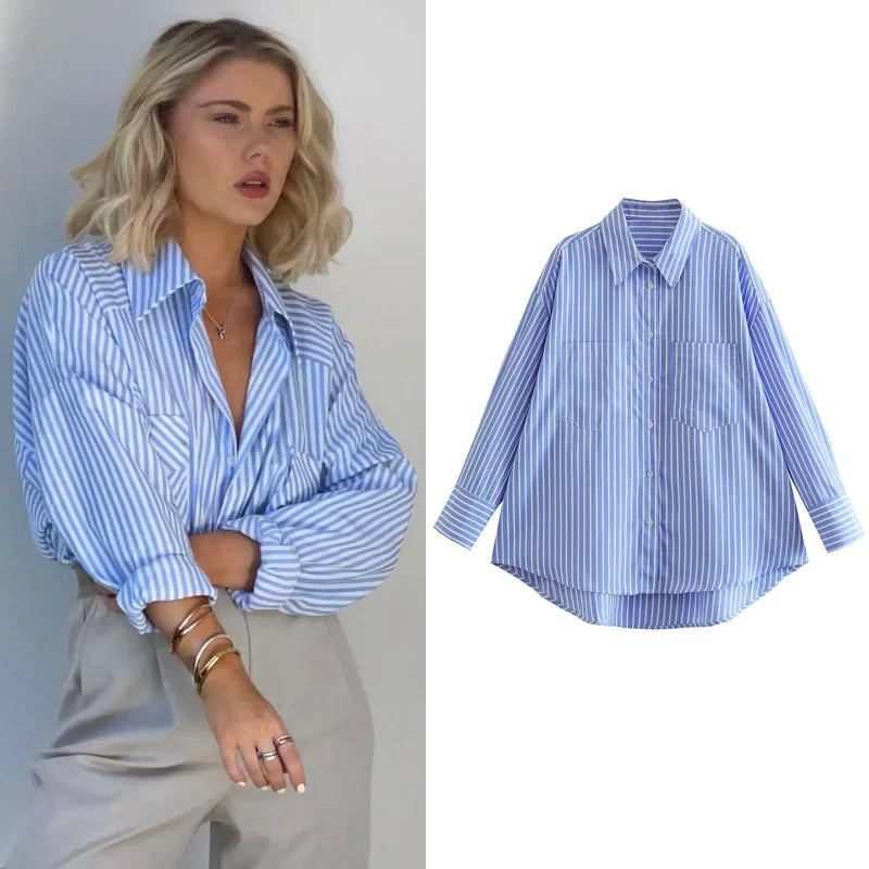 Women's Striped Loose Fit Long Sleeve Shirt Soft Blue Autumn Blouse Stylish Office Wear Top