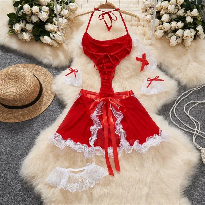 Sexy Lace-Up Lingerie Bodysuit Set with Mini Skirt Backless Patchwork Lace Edge Hollow Cosplay Maid Uniform
