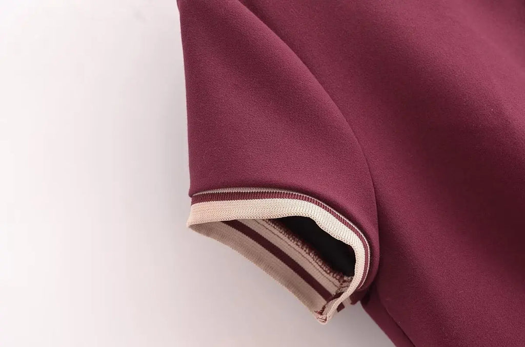 Retro Ribbed Pleated Dress For Women With Contrast Trim