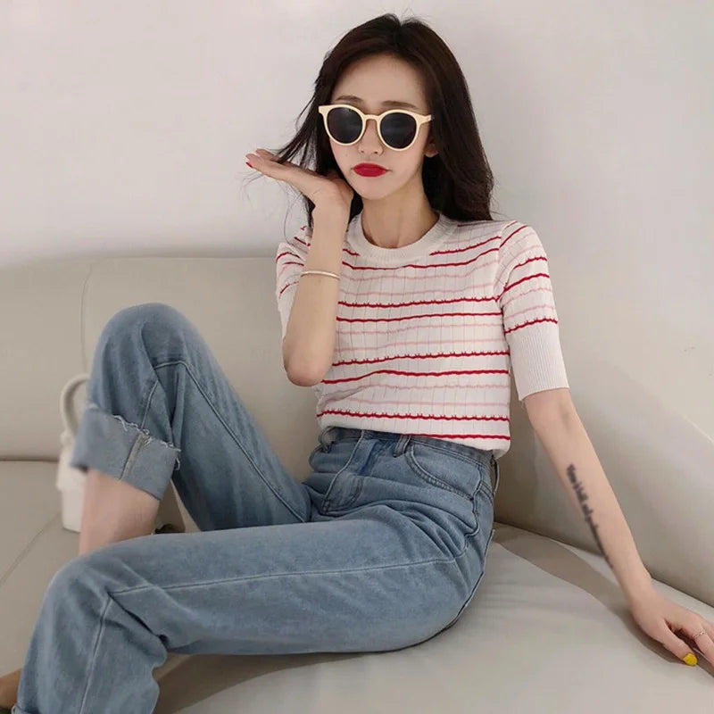 Summer Striped Women's Knitted Crop Top Casual O-Neck Short Sleeve T-Shirt Preppy Style Tees