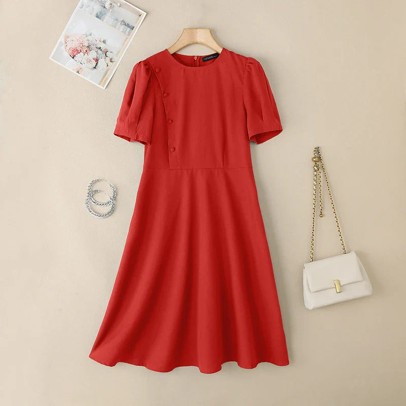 Elegant Short Puff Sleeve A Line Sundress for Office
