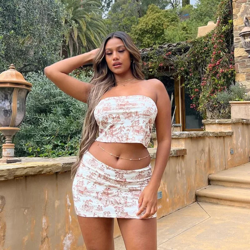 Women's Summer Two-Piece Set Sleeveless Strapless Retro Print Top and High Waist Slim Mini Skirt Streetwear Outfit