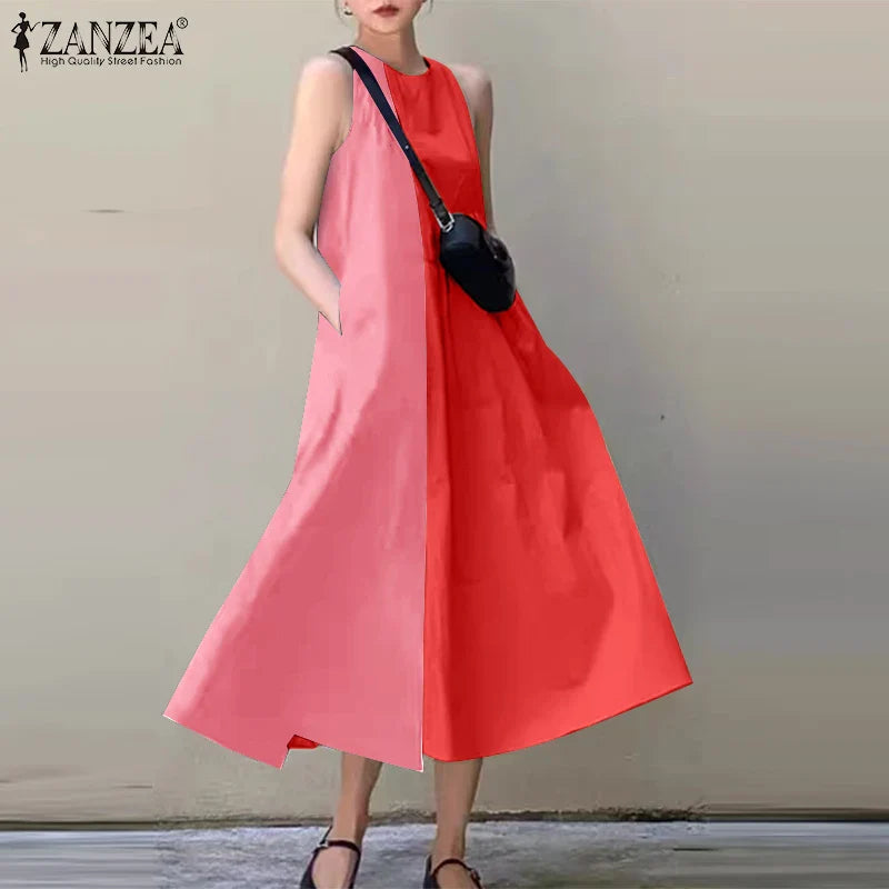 Women's Colorblock Sleeveless Midi Sundress With Pockets