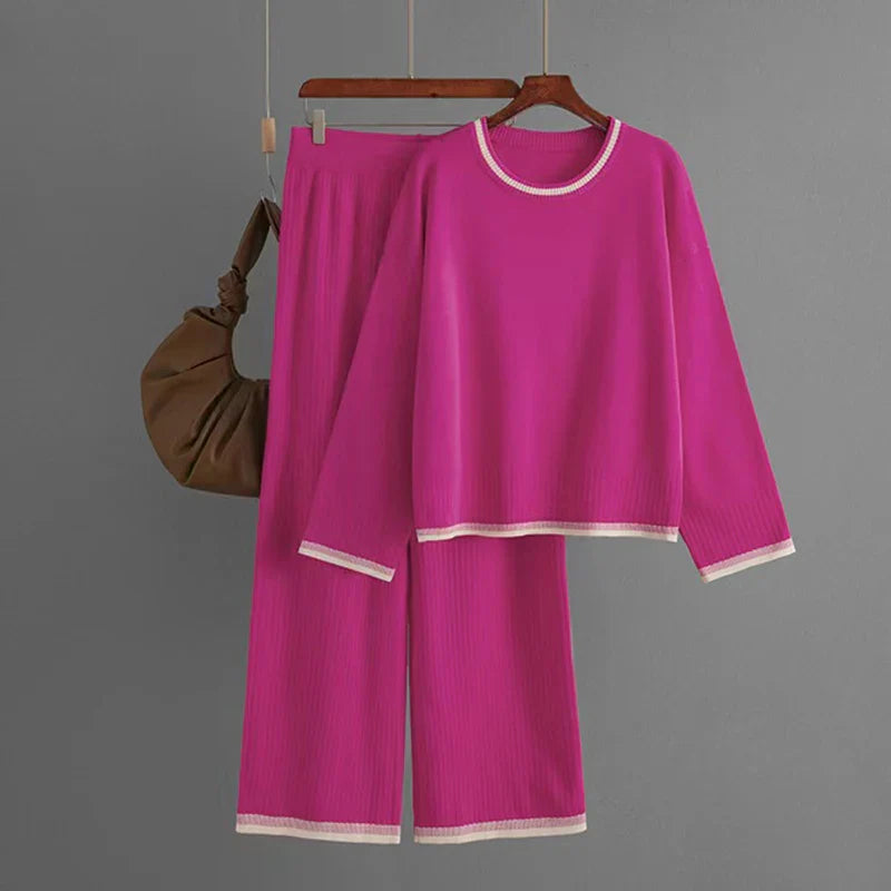 Elegant O-neck Long Sleeve Pullover and Wide Leg Pants 2 Piece Set for Women Casual Spring Outfits