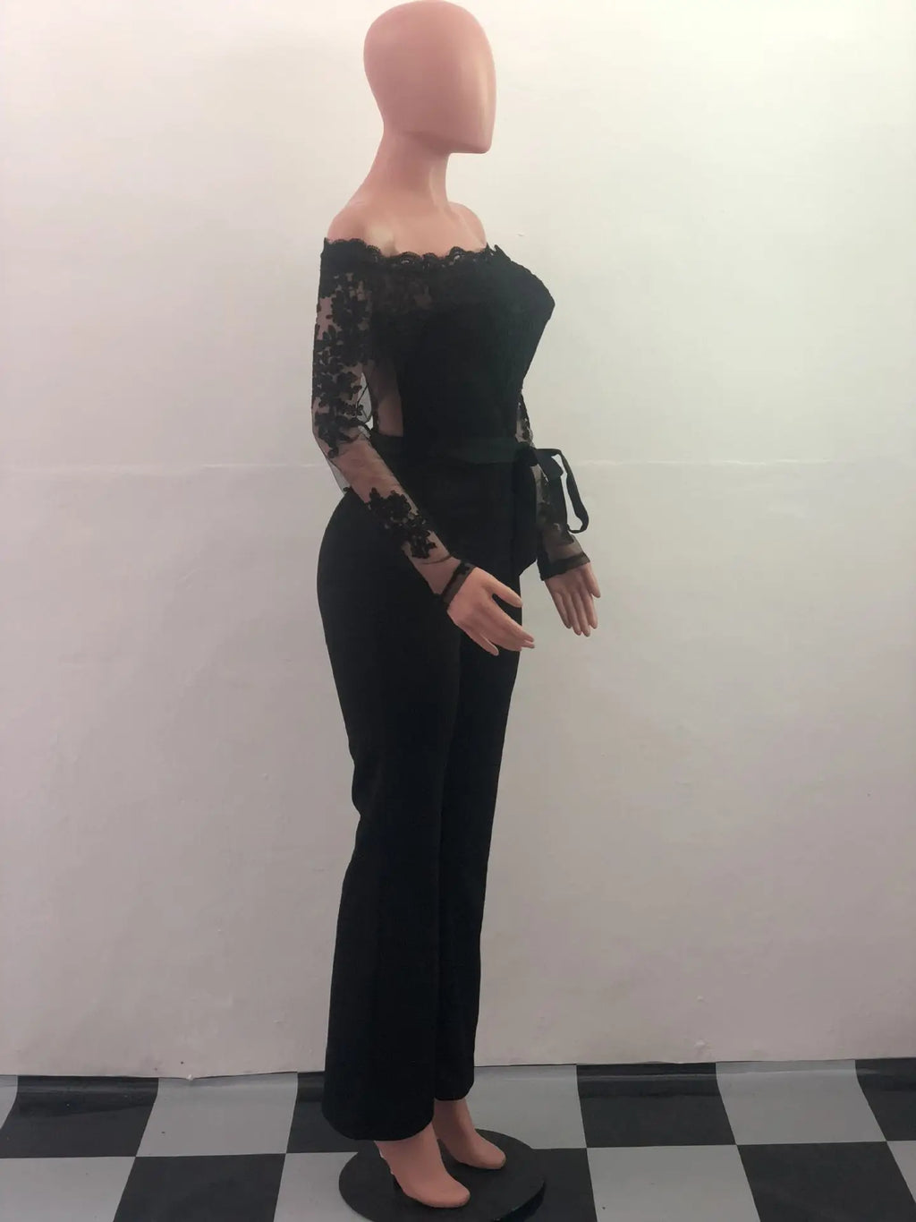 Appliques Lace Patchwork Off Shoulder Jumpsuit for Women with Slash Neck Long Sleeve and Elegant Wide Leg Pants Party Overalls