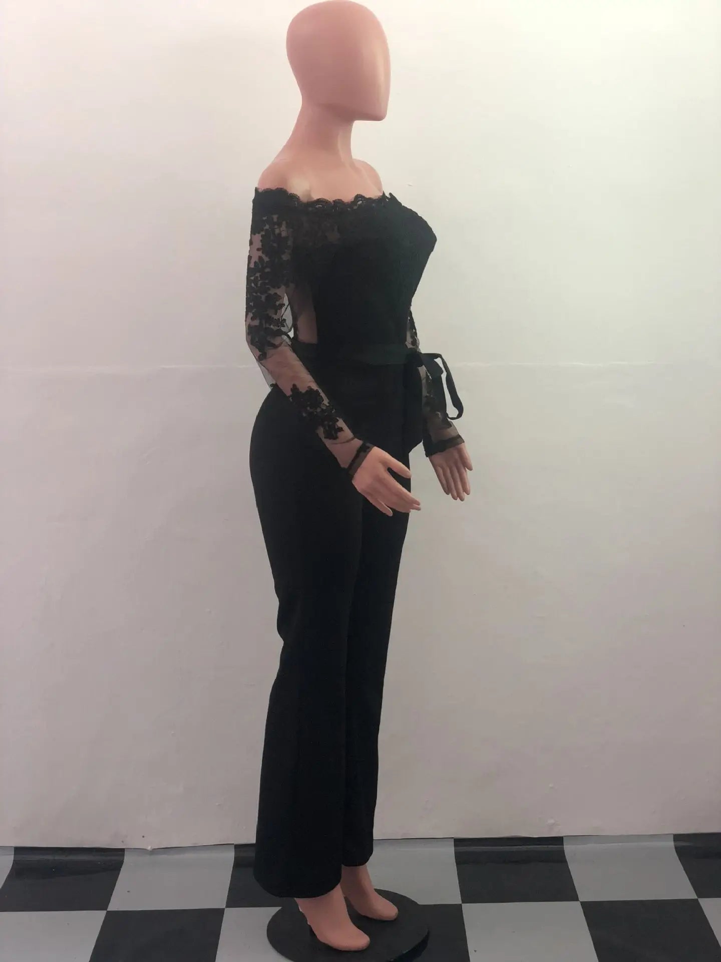 Appliques Lace Patchwork Off Shoulder Jumpsuit for Women with Slash Neck Long Sleeve and Elegant Wide Leg Pants Party Overalls