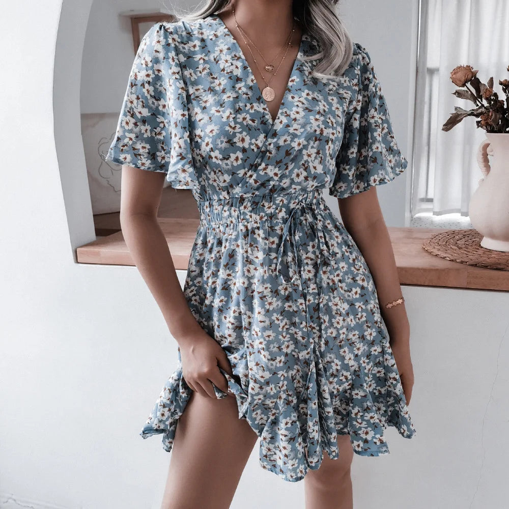 Summer Floral Dress With Bubble Sleeves V Neck A Line
