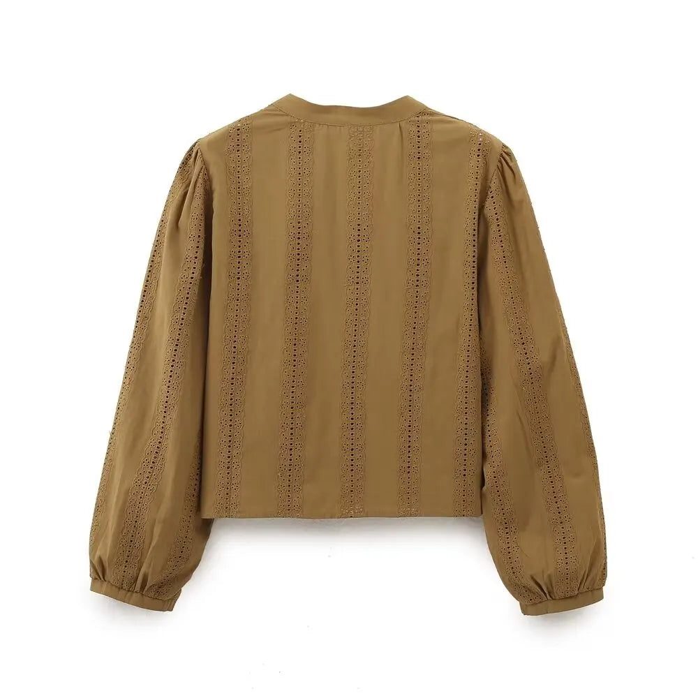 Womens Retro Casual Cotton Shirt Long Sleeve Embroidered Hollow Round Neck Lapel Top for Autumn