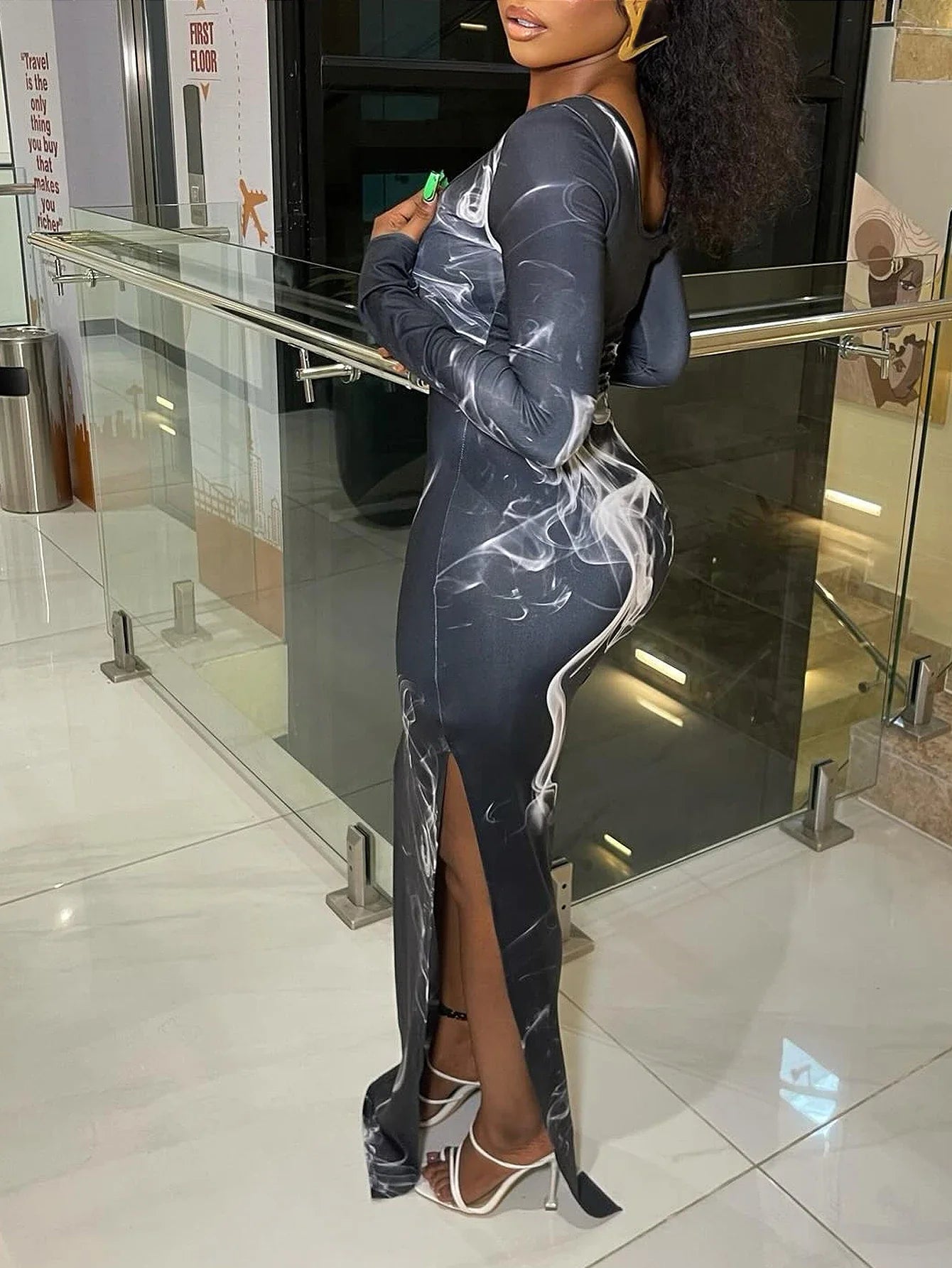 Women's Long Sleeve Printed Mesh Midi Dress Round Neck