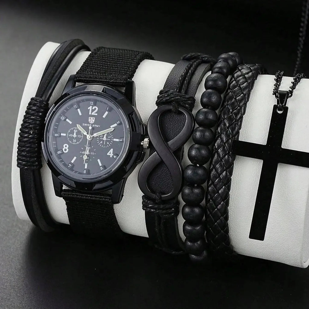 Fashionable PU Leather Beaded Bracelet Set With Quartz Watch And Cross Pendant Necklace For Men