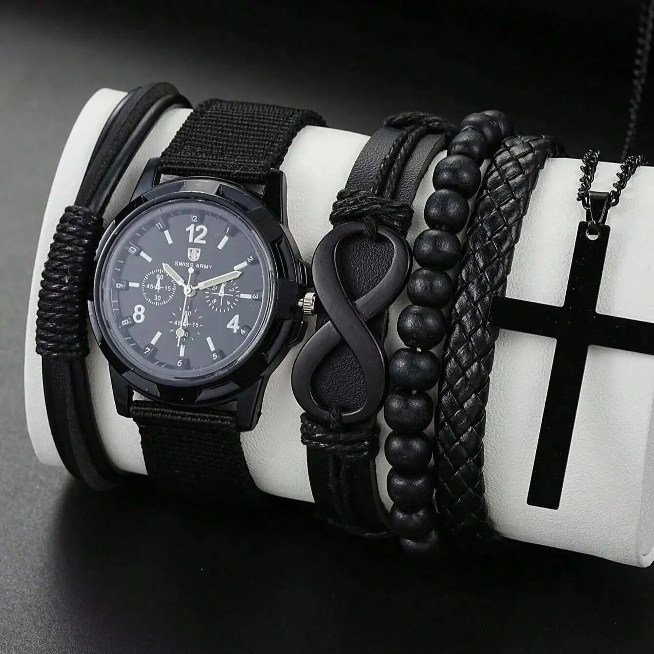 Fashionable PU Leather Beaded Bracelet Set With Quartz Watch And Cross Pendant Necklace For Men