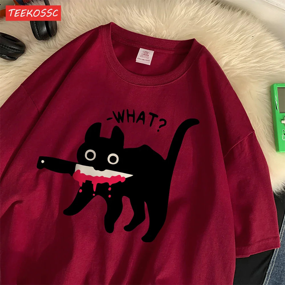 Summer Cotton Women's T-Shirts with Black Cat Print Casual Oversize O-Neck Streetwear for Daily Life and Dating