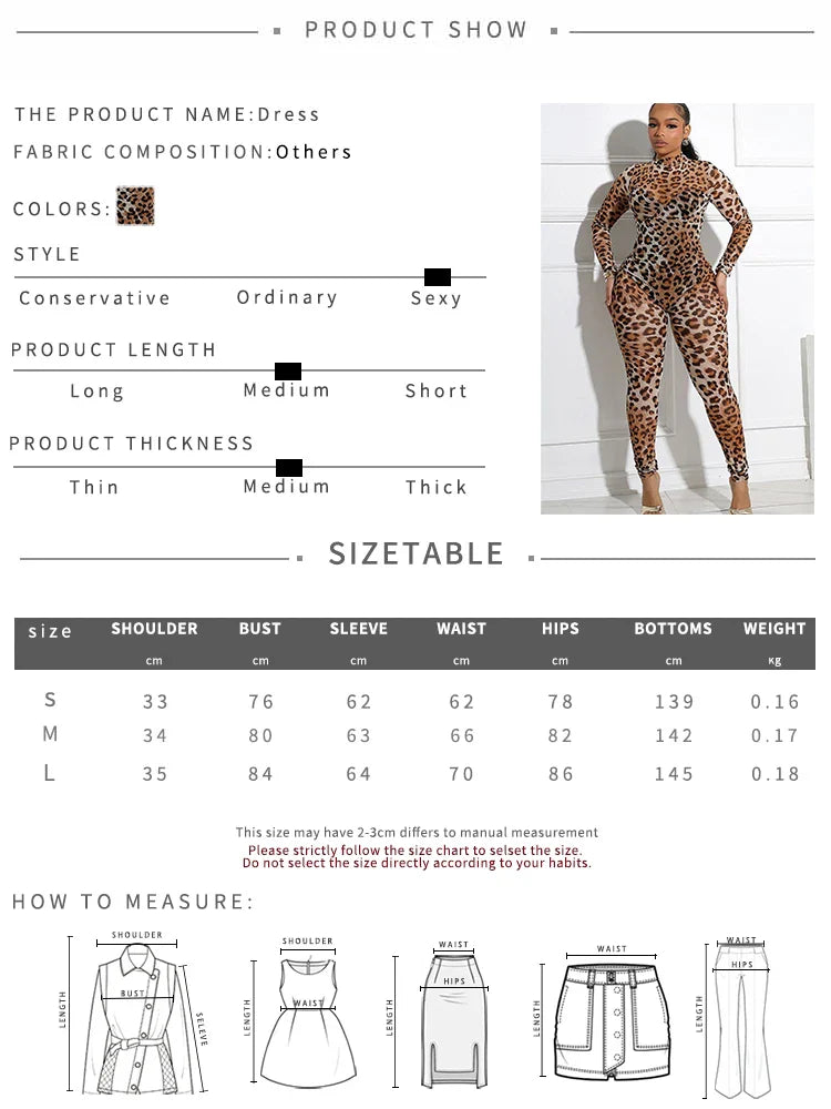 Sexy Leopard Print See Through Jumpsuit for Women Midnight Full Sleeve Hipster Fit Clubwear Party Workout Overalls