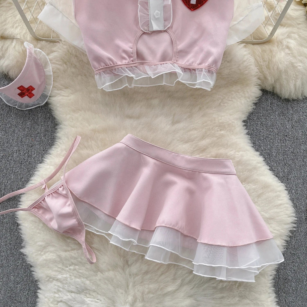 Sexy Nurse Cosplay Uniform Two-Piece Set with High Waisted Ruffled Skirt and Bubble Sleeve Short Top Cute and Flirty Costume