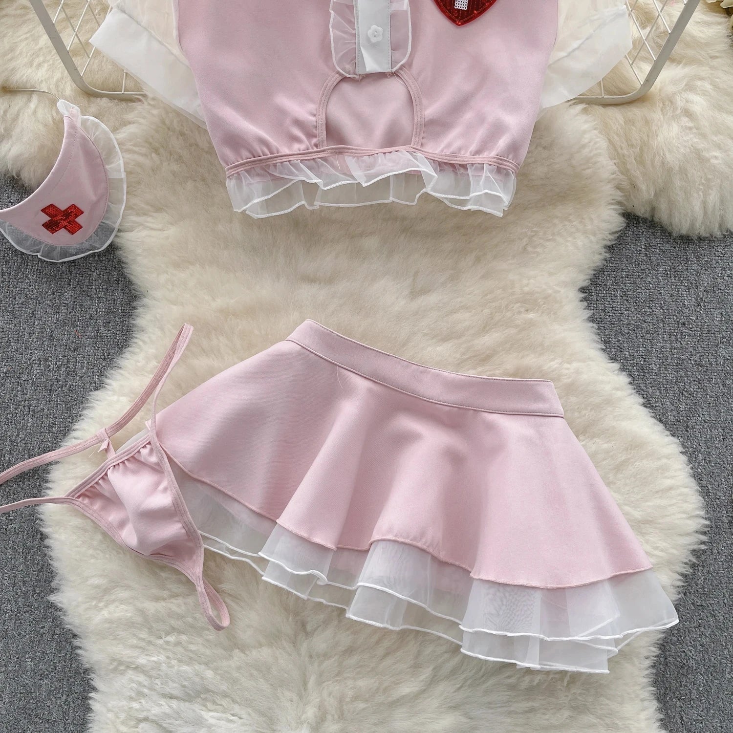 Sexy Nurse Cosplay Uniform Two-Piece Set with High Waisted Ruffled Skirt and Bubble Sleeve Short Top Cute and Flirty Costume