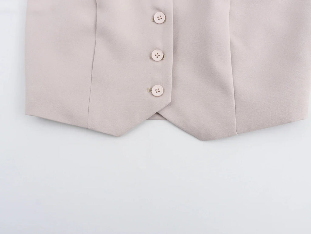 Women Fashion Solid Vest Pant Suit Set with Single Breasted Halter Cropped Top and High Waist Patchwork Trousers for Office Wear