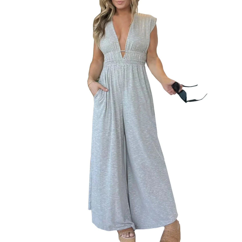 Elegant Summer Women's Slim Fit Sleeveless Romper V Neck Casual Loose Jumpsuit with Pockets Perfect for Vacation and Daily Wear