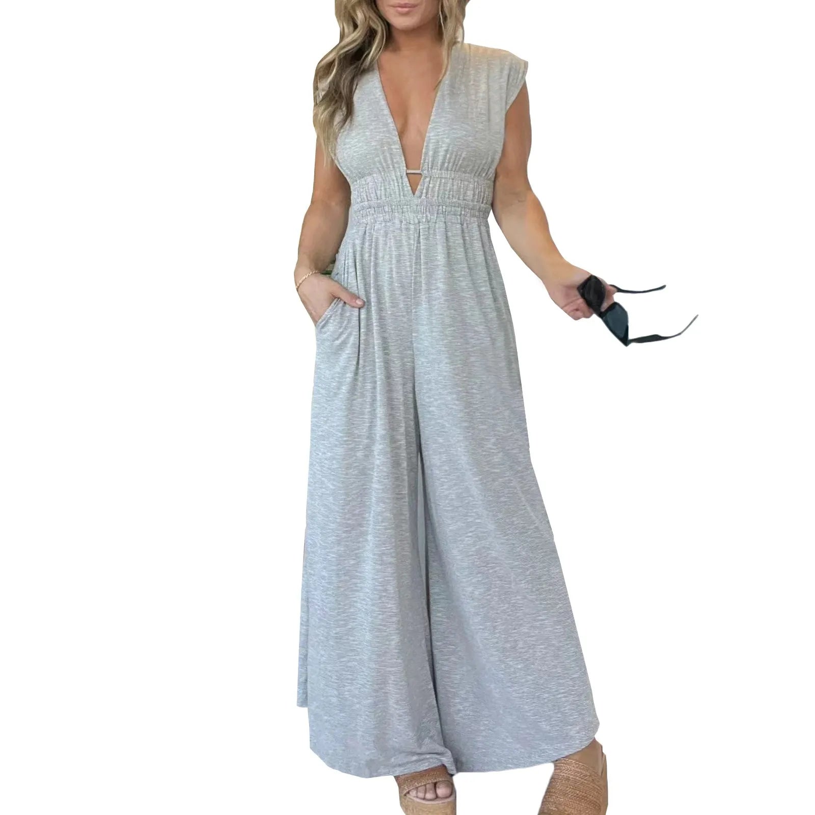 Elegant Summer Women's Slim Fit Sleeveless Romper V Neck Casual Loose Jumpsuit with Pockets Perfect for Vacation and Daily Wear