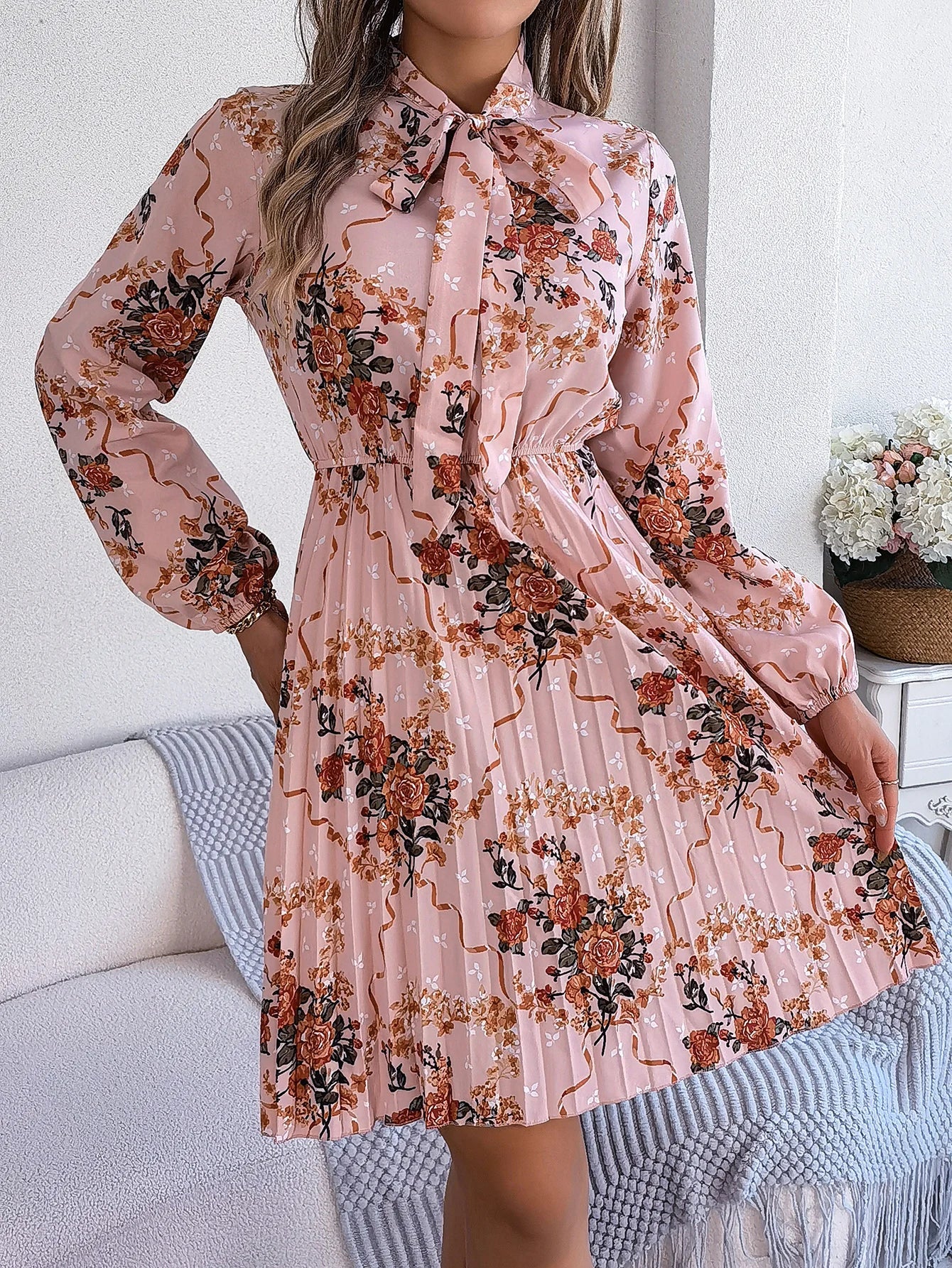 Floral Print Lace Up Long Sleeve Pleated Dress With Bow