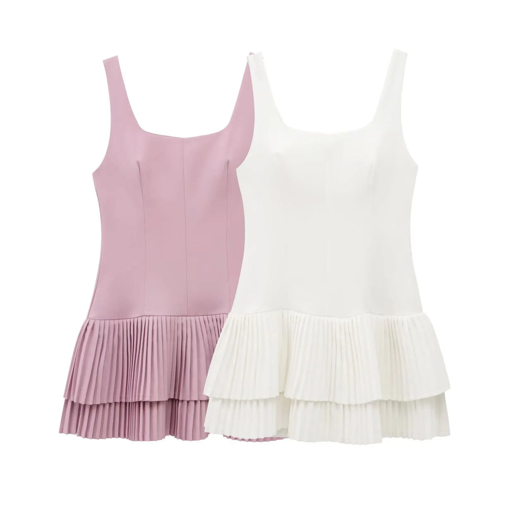 Elegant Womens Sleeveless Solid Mini Dress With Pleated Hem