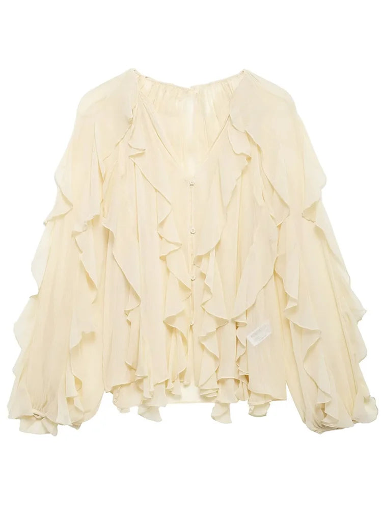 Women's Burgundy Ruffle Layer Casual Blouse Long Sleeve Loose Fit Button-Front Shirt High Street Fashion Top