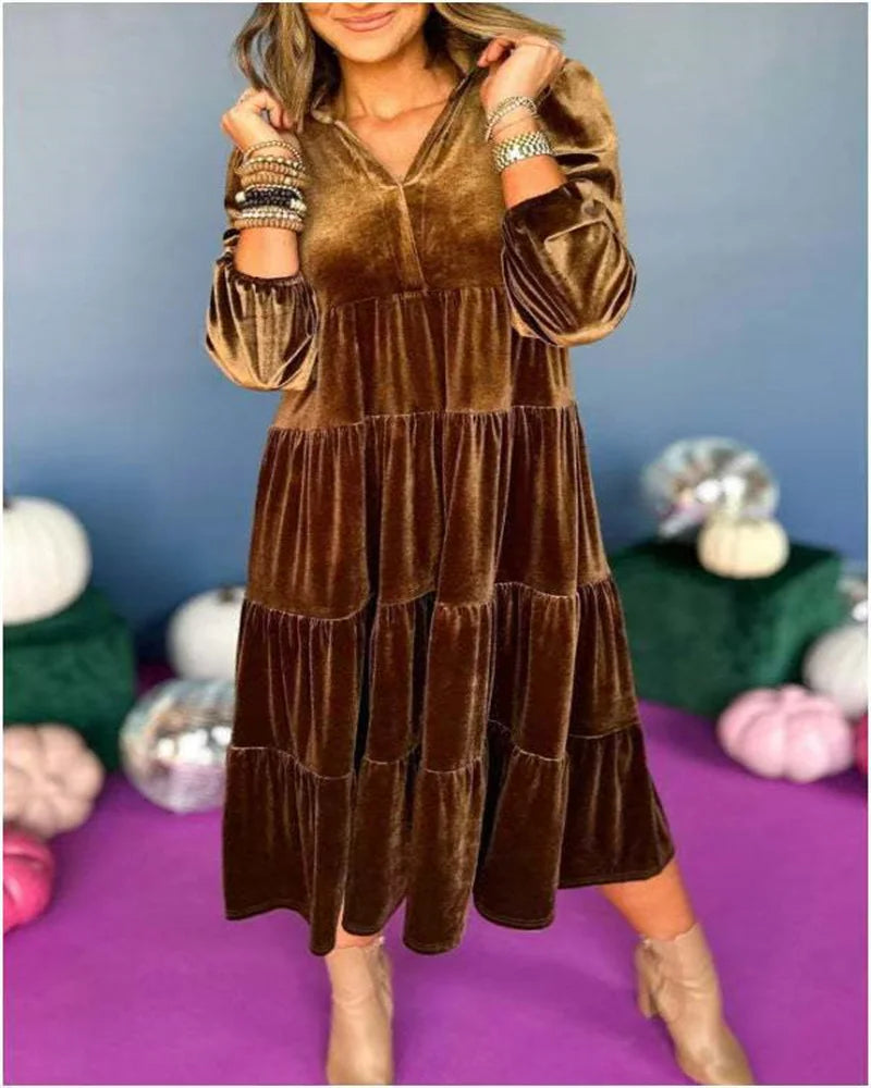Velvet V Neck Maxi Dress With Ruffle Hem For Women Chic