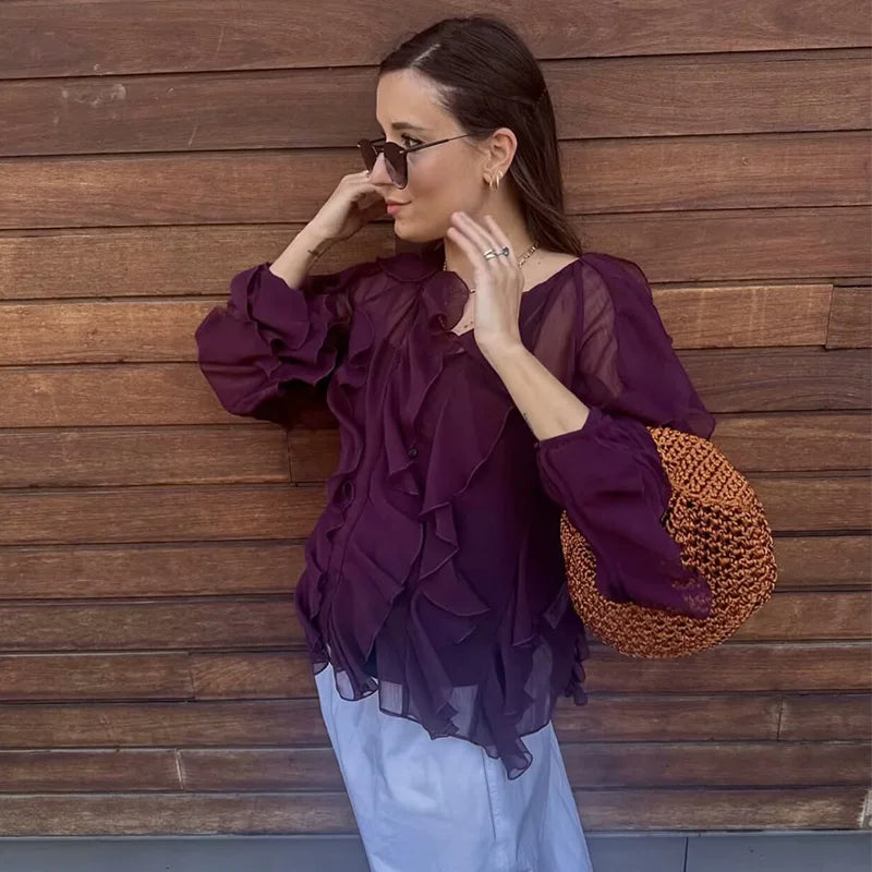 Women's Semi-Transparent V-Neck Tiered Decoration Long Sleeve Casual Shirt Blouse Top