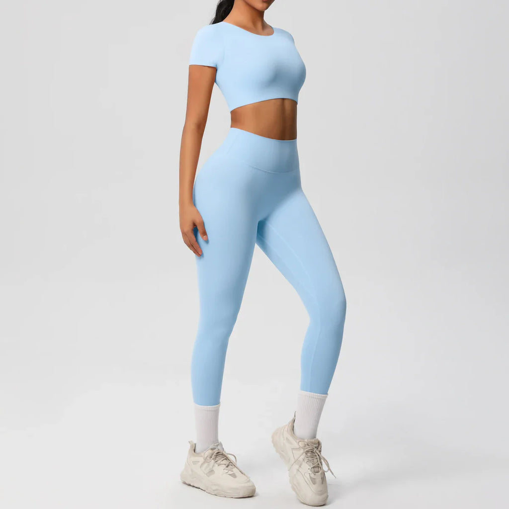 Yoga Set for Women Fitness Sportswear with Short Sleeve Top and High Waist Leggings