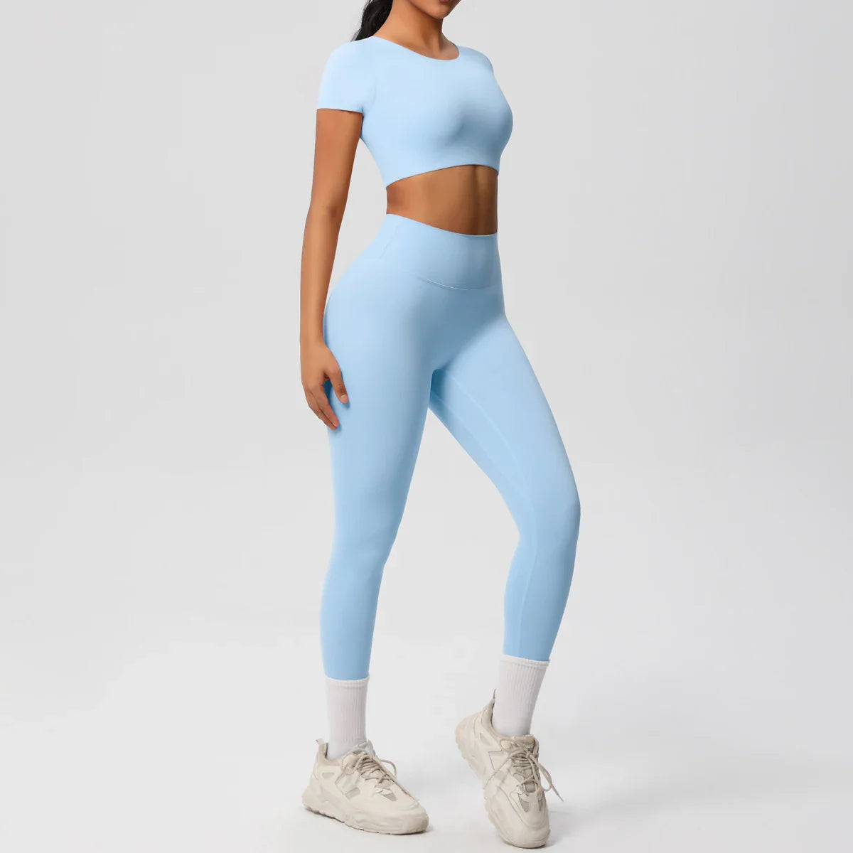 Yoga Set for Women Fitness Sportswear with Short Sleeve Top and High Waist Leggings