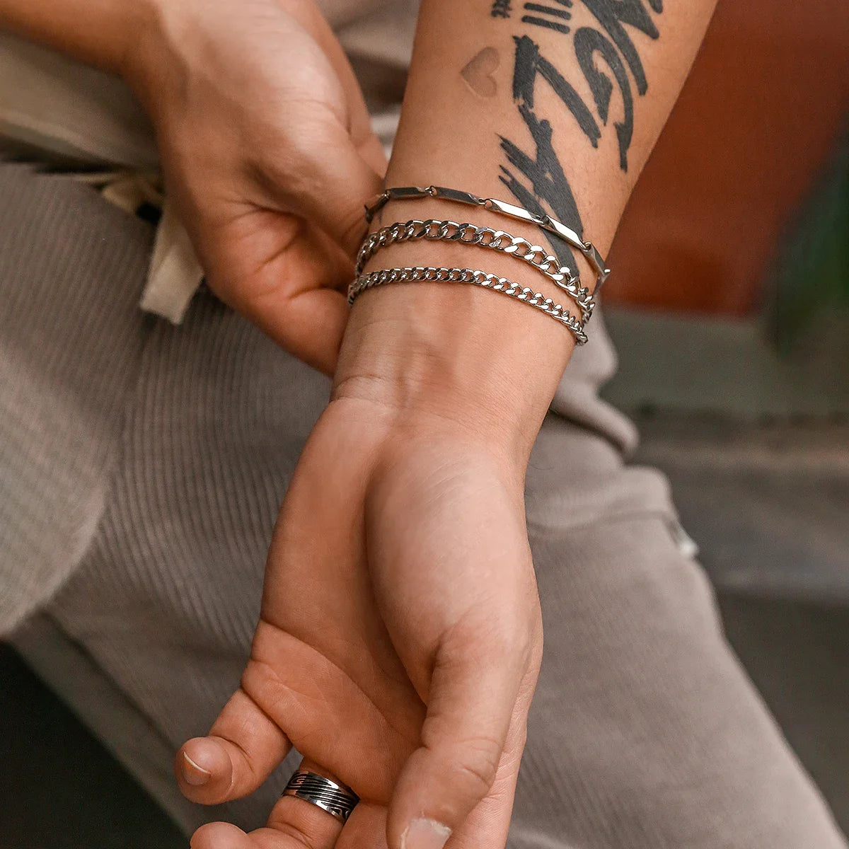 Stainless Steel Punk Cuban Chain Bracelet Set for Men Minimalist Silver Hip Hop Jewelry Gifts