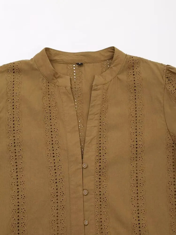 Womens Retro Casual Cotton Shirt Long Sleeve Embroidered Hollow Round Neck Lapel Top for Autumn