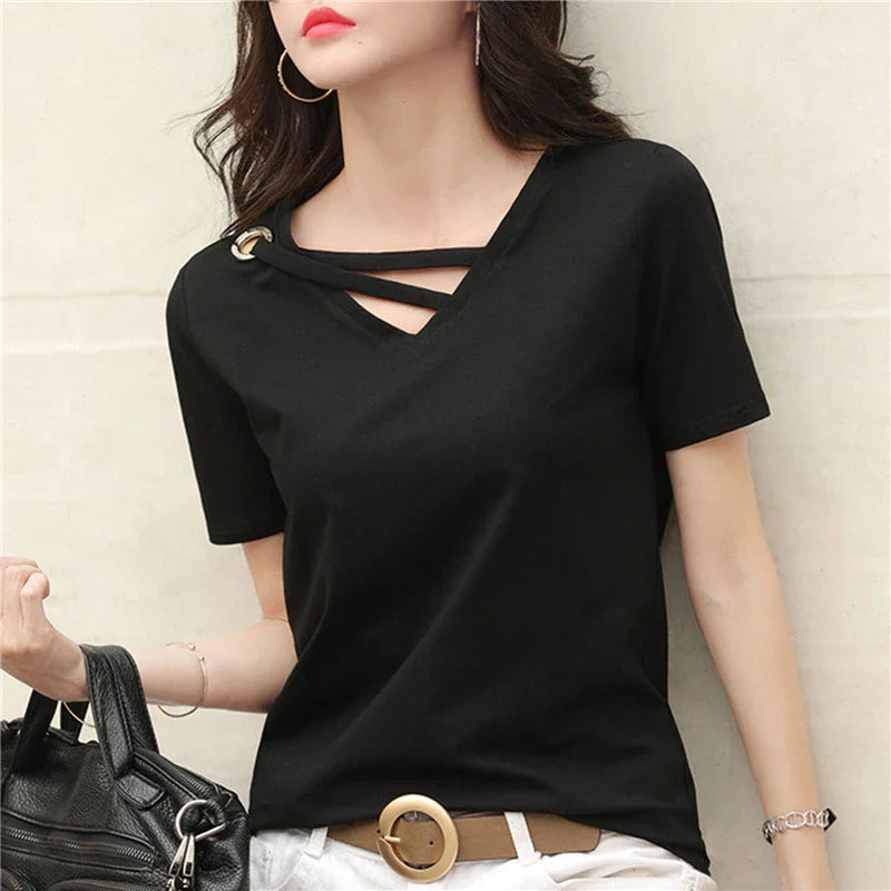Casual Women V-Neck Loose White T-Shirt Summer Short Sleeve Polyester Top