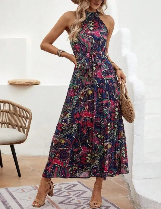Bohemian Print Maxi Dress Halter Neck Zipper Closure