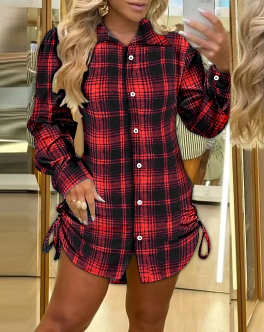 Plaid Shirt Dress With Shirred Back And Roll Tab Sleeves
