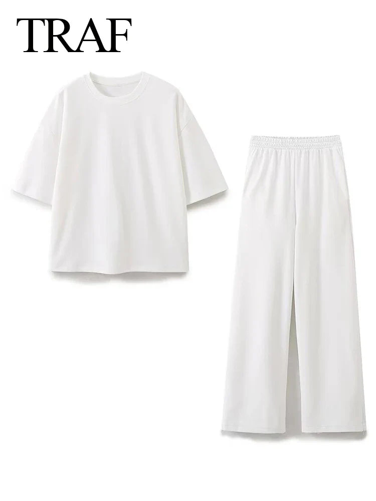 Women's Solid Casual T Shirt and Pant Set with Short Sleeves and Lace-Up Side Pockets