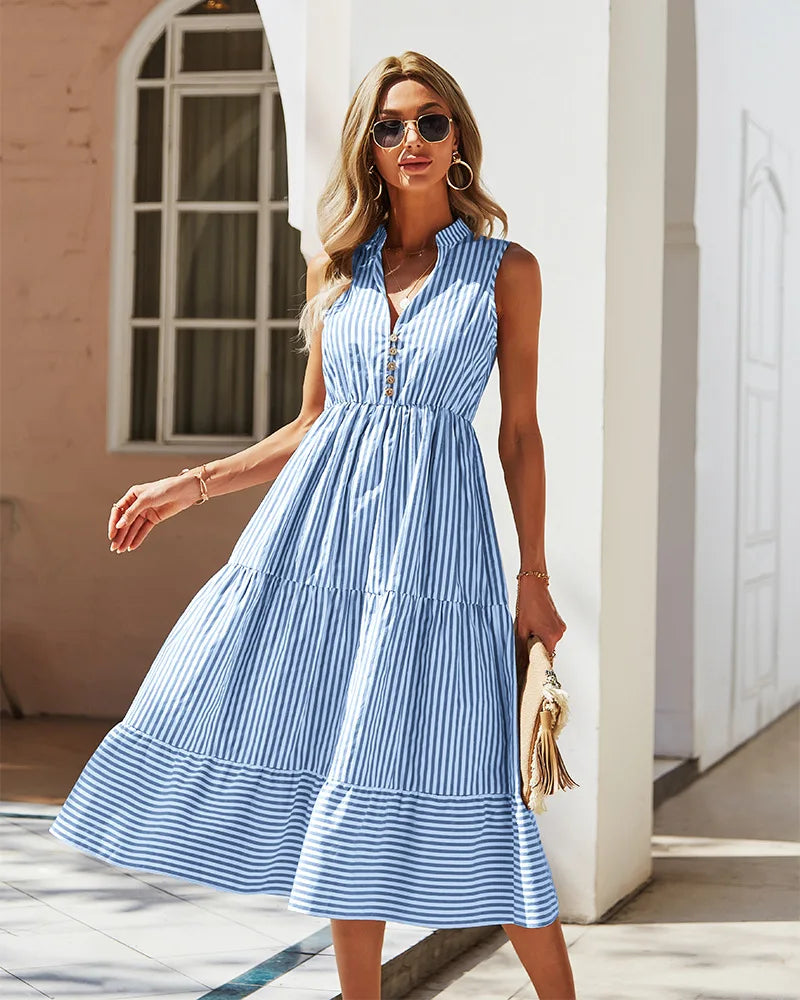 Striped Shirt Dress Women Sleeveless V Neck A Line Casual