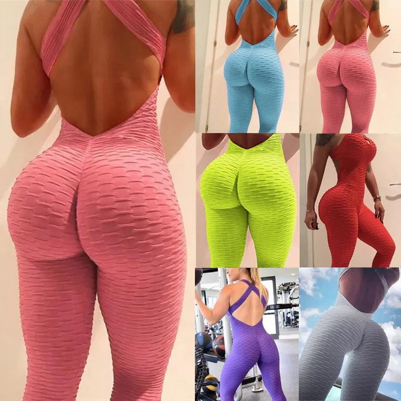 Bubble Jumpsuit for Women Sleeveless Fitness Yoga Bodysuit Backless Stretchy Butt Lifting Jumpsuit Pants Slim Fit Activewear