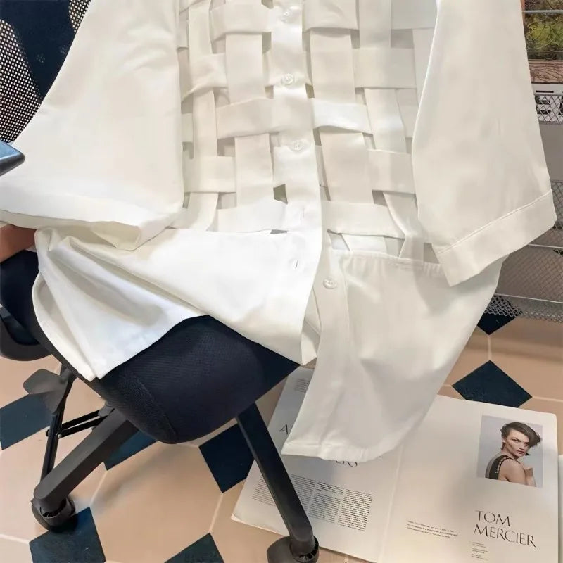 Women Short Sleeve Lapel Shirt Hollow Out Patchwork Blouse Loose Waist Casual Chic Poly Blusa