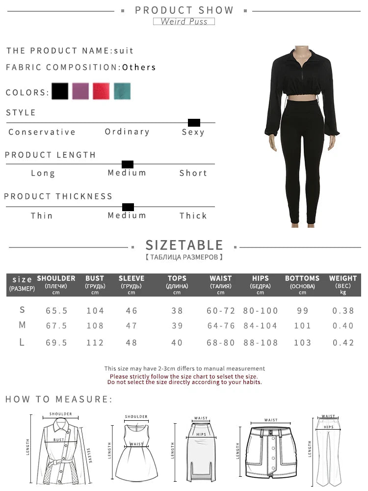 Weird Puss Tracksuit Women 2 Piece Set Casual Zip Thin Drawstring Crop Jacket and Leggings Matching Sporty Suit