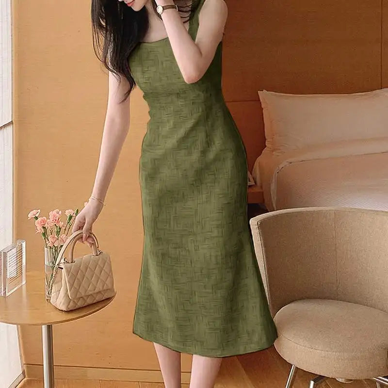 Elegant Sleeveless Square Neck Mermaid Midi Dress for Women