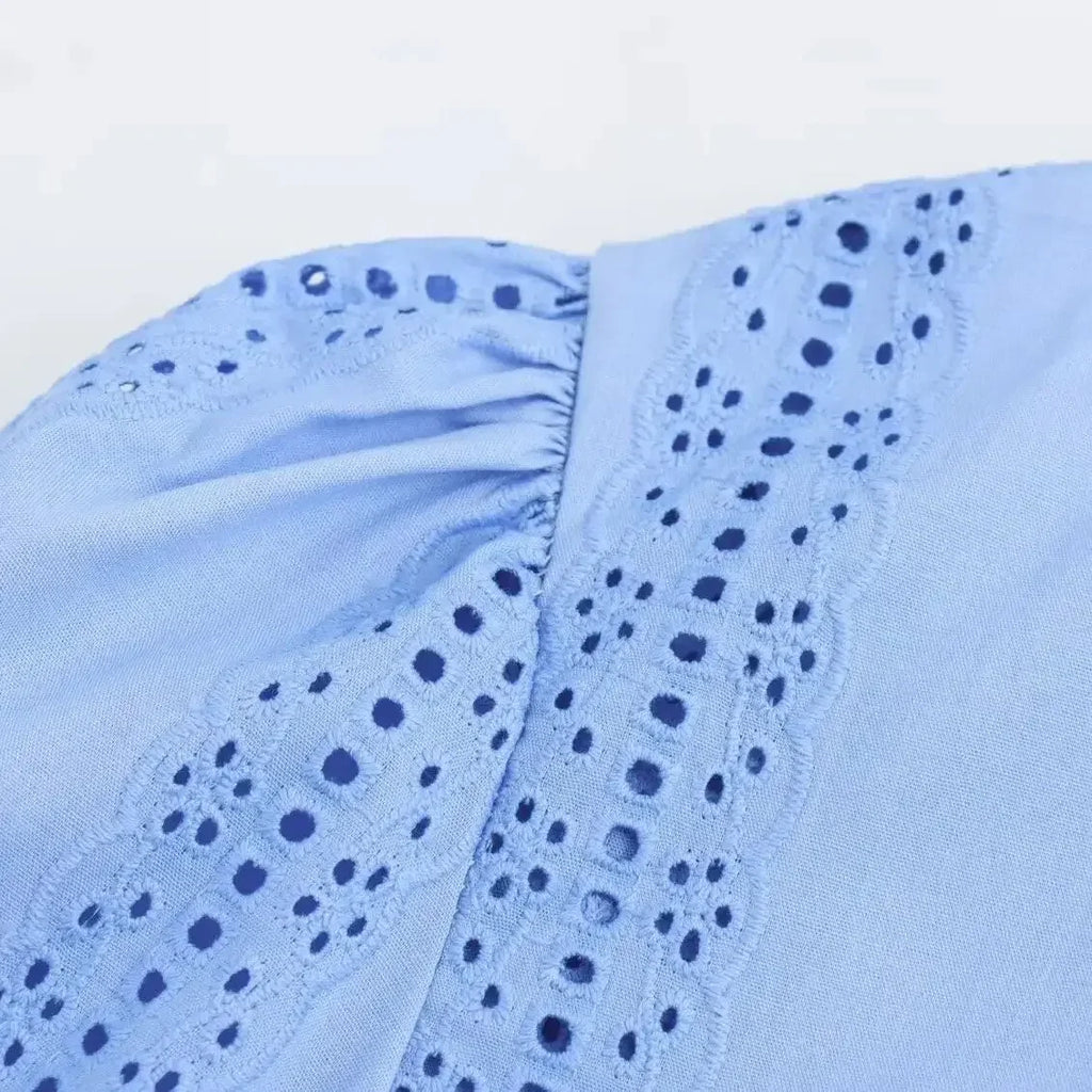 Loose Lace-Up White Shirt for Women Elegant Hollow Out Embroidered Puff Sleeve Cropped Top