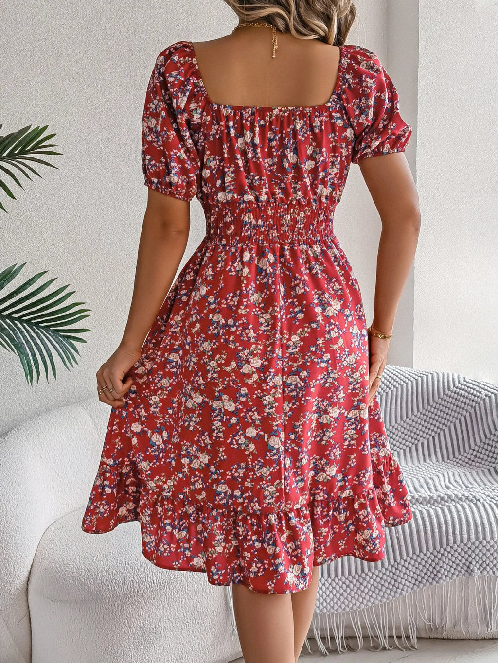 Floral Print Square Neck Dress With Shirred Waist Detail
