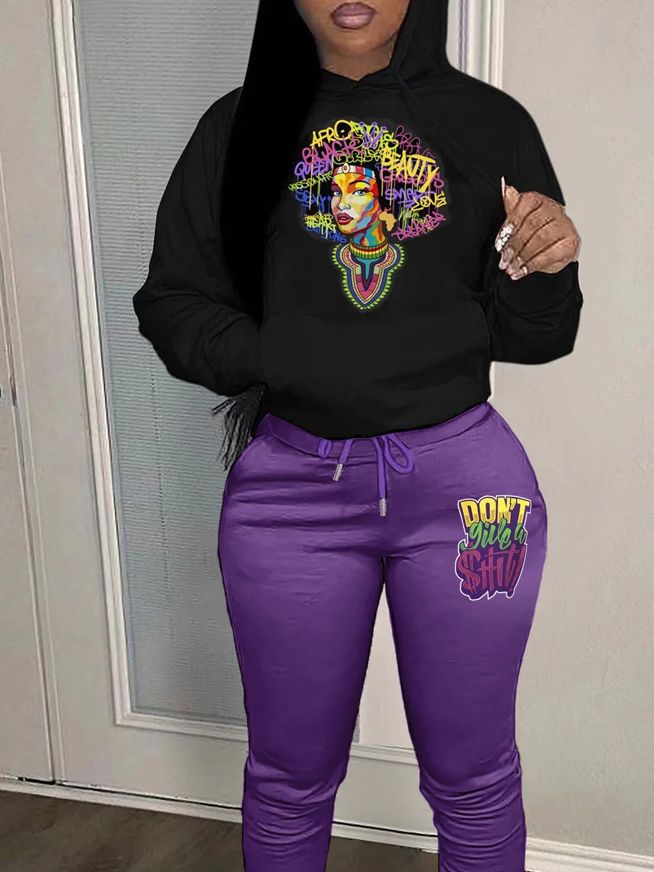 Kangaroo Pocket Hooded Tracksuit for Women - Casual Patchwork Long Sleeve Sweat Outfit