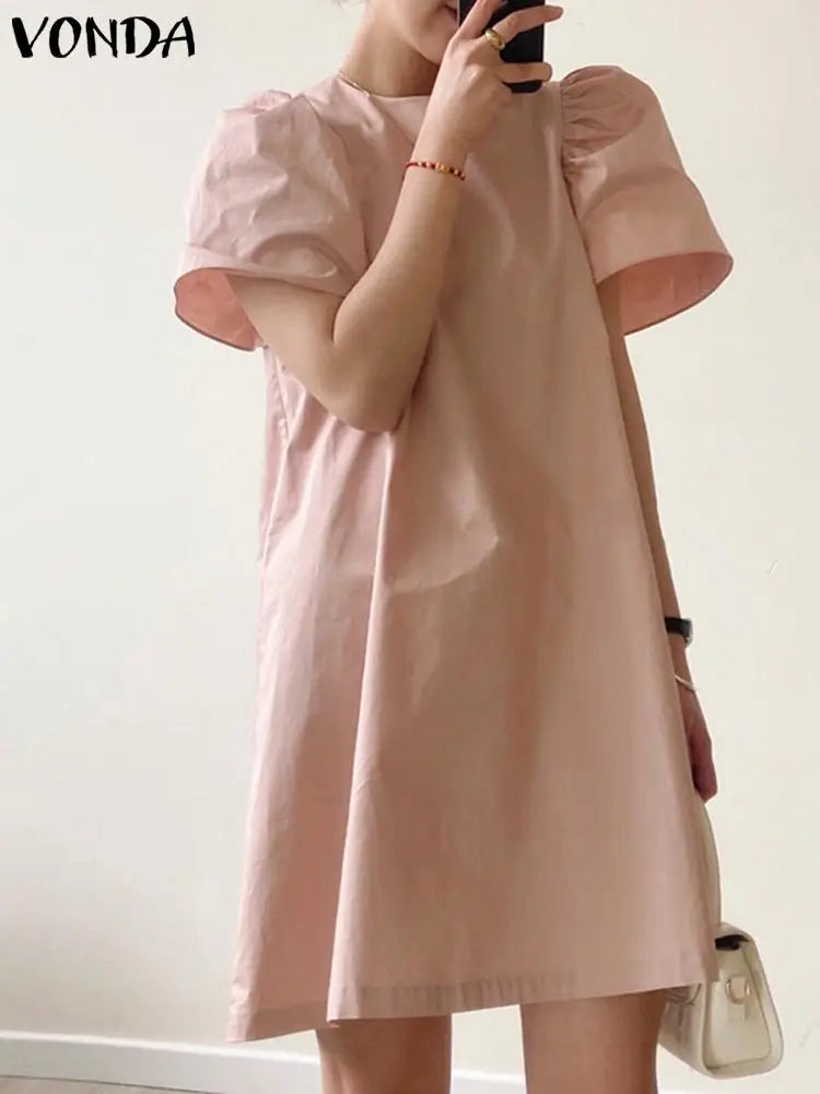 Summer Women Sundress Mini Pleated Puff Sleeve Dress