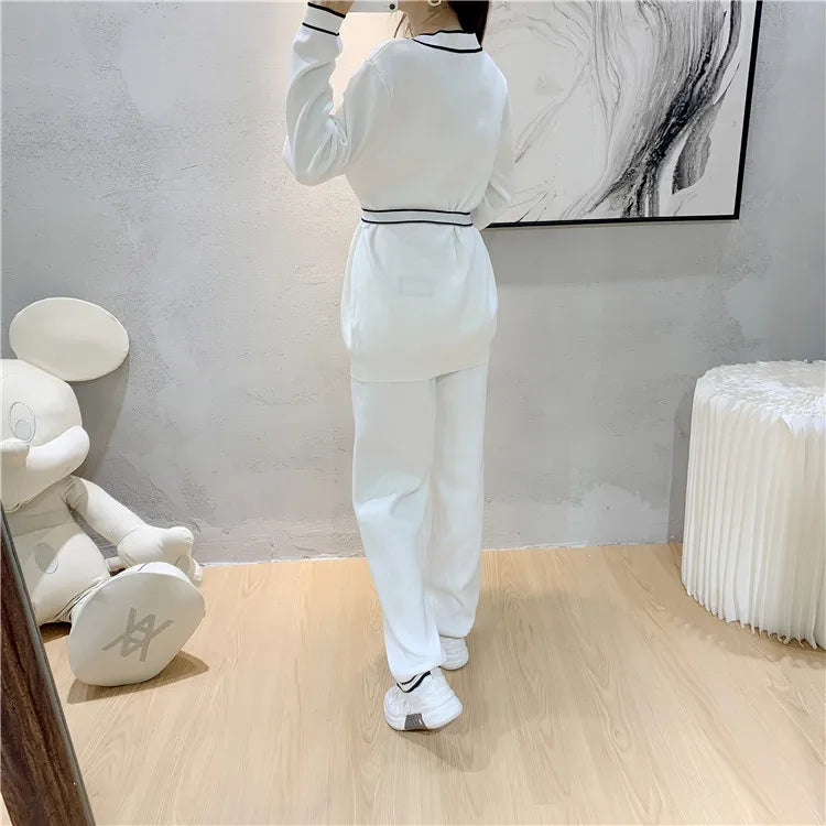 Autumn Elegant Two Piece Trouser Suit for Office Ladies with Long Sleeve Coat and Casual Wide Leg Trousers Set