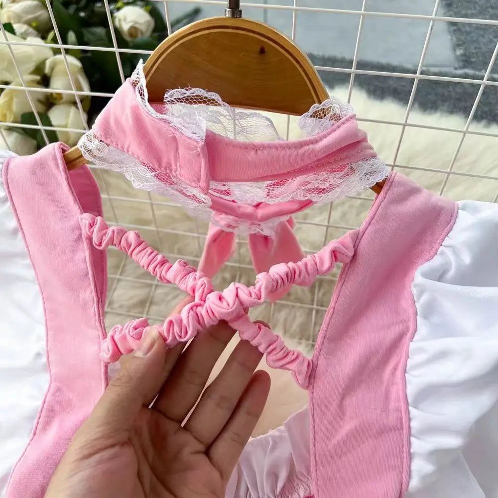 Pink Lolita Maid Dress Mini Short Patchwork Lace Details