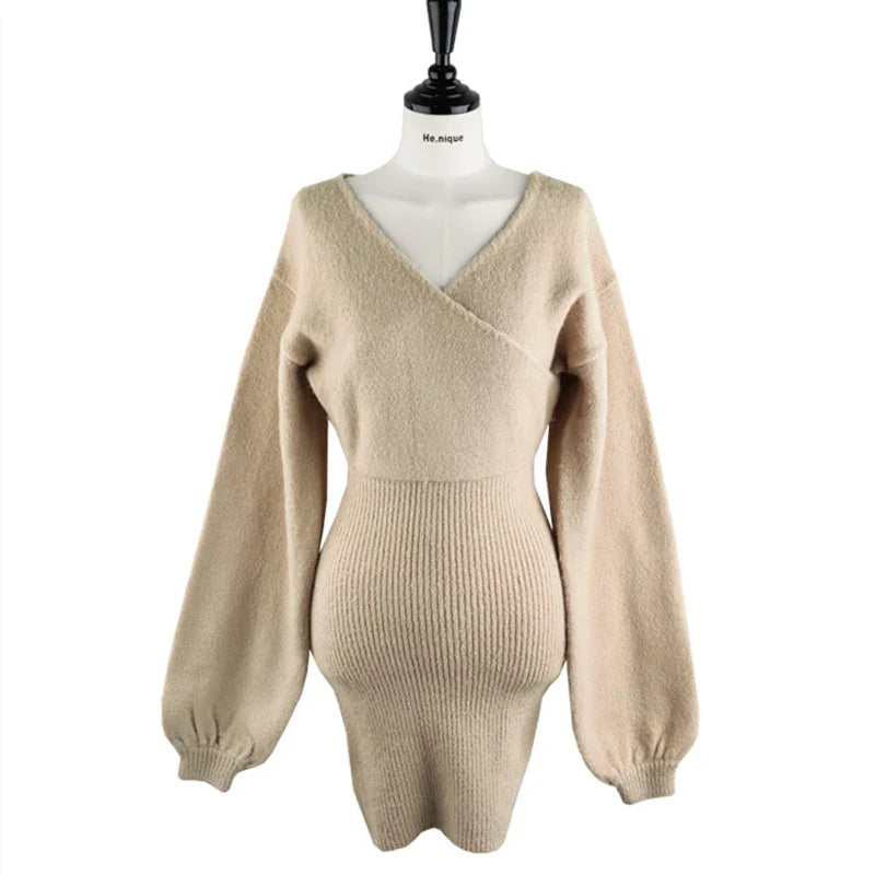 Cross V Neck Knitted Sweater Dress Wrap Style Short Fit