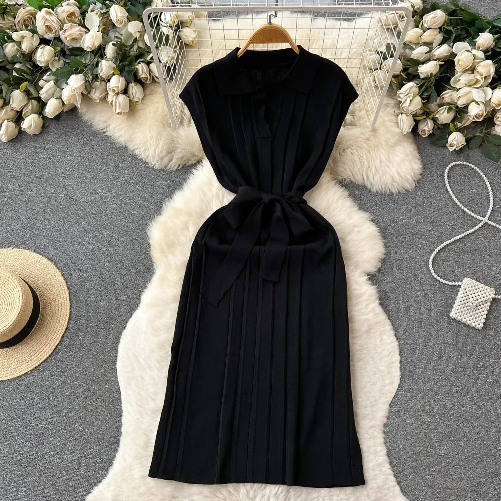 Solid Pleated Knitted Dress For Women Loose Fit Maxi
